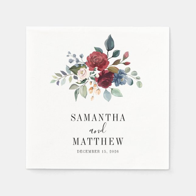 Burgundy Rustic Floral Custom Wedding Cocktail Napkin (Front)