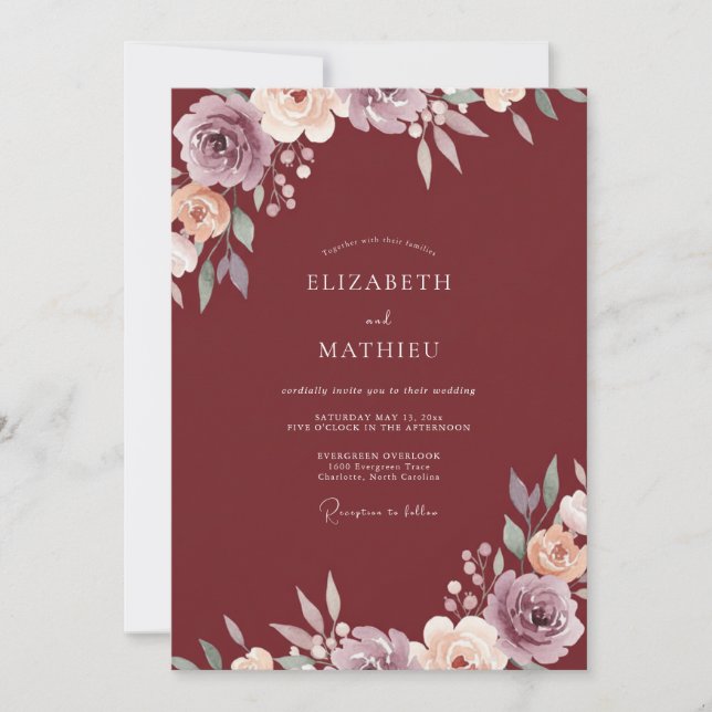 Burgundy Rustic Floral Romance Wedding Invitation (Front)