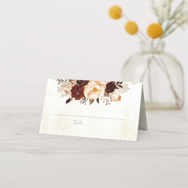 Burgundy Rustic Flowers Wedding Place Card (Front)