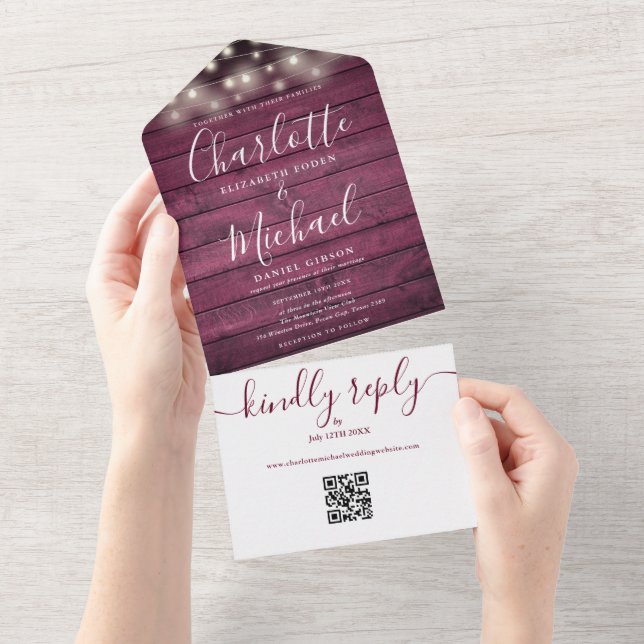 Burgundy Rustic String Lights QR Code Wedding  All In One Invitation (Tearaway)