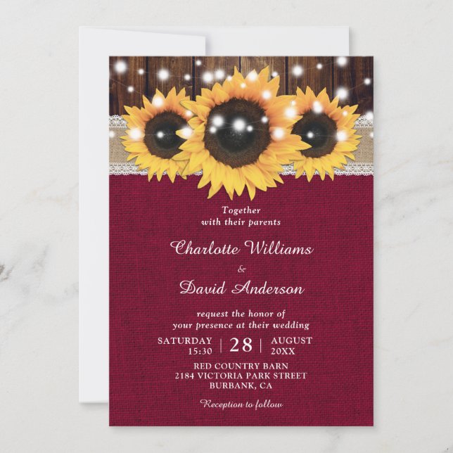 Burgundy Rustic Sunflower Wedding Invitation (Front)