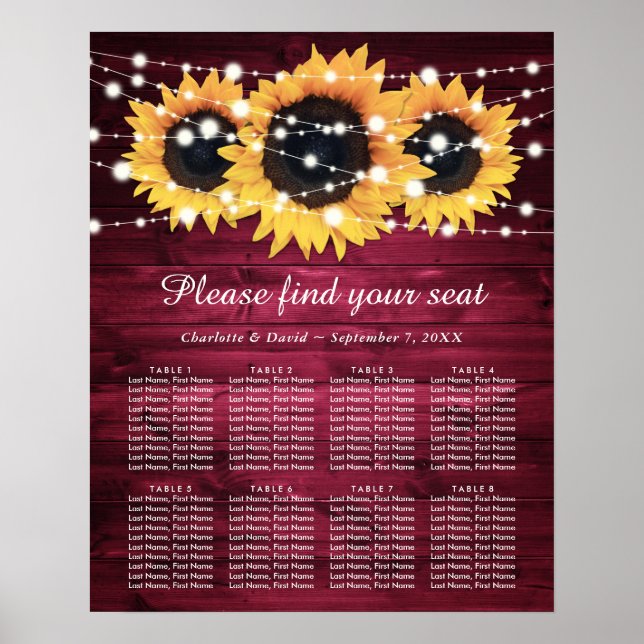 Burgundy Rustic Sunflower Wedding Seating Chart 8 (Front)