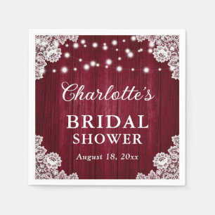 Burgundy Rustic Wood Floral Lace Bridal Shower Napkin