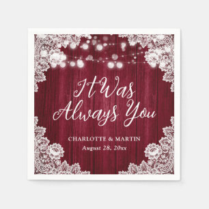 Burgundy Rustic Wood Floral Lace Wedding Napkin