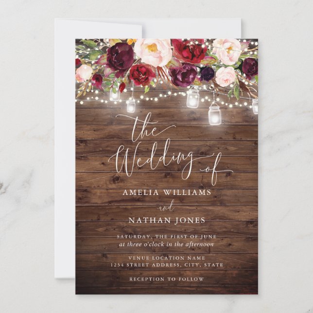 Burgundy Rustic Wood Floral Lights Wedding Invitation (Front)