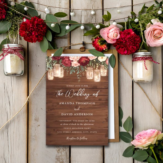 Burgundy Rustic Wood Floral Lights Wedding Invitation (Creator Uploaded)