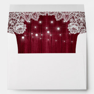Burgundy Rustic Wood Lace String Lights Wedding Envelope