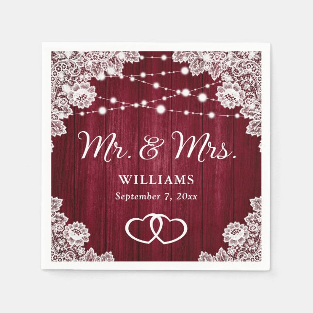 Burgundy Rustic Wood Lace String Lights Wedding Napkin (Front)
