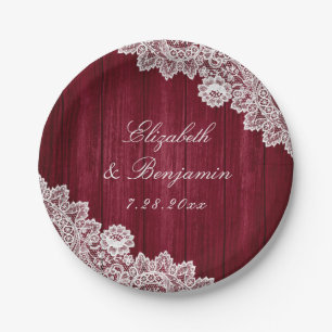 Burgundy Rustic Wood Lace String Lights Wedding Paper Plate