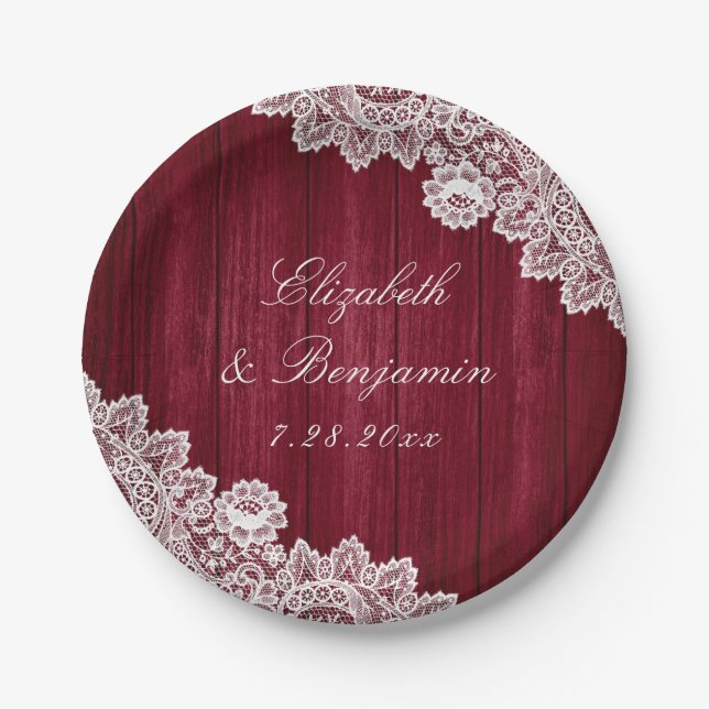Burgundy Rustic Wood Lace String Lights Wedding Paper Plate (Front)