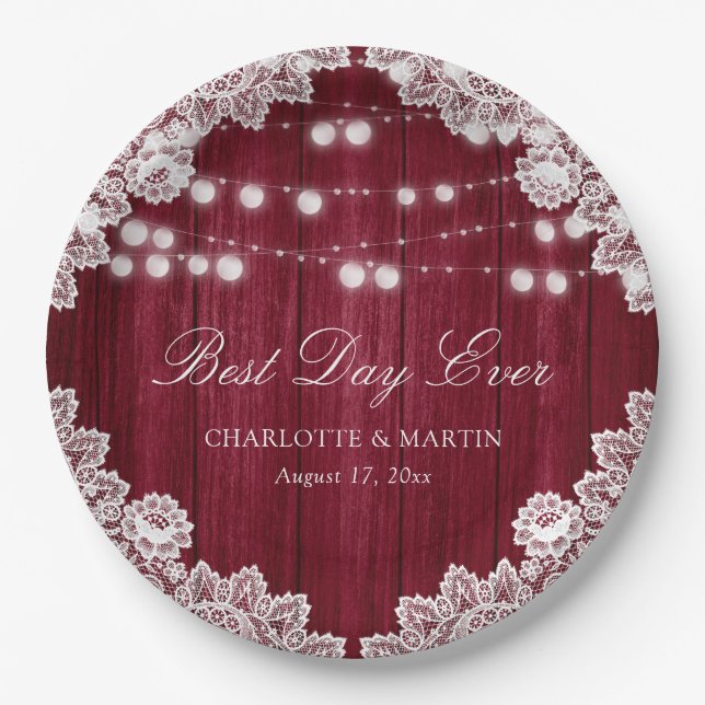 Burgundy Rustic Wood Lace String Lights Wedding Paper Plate (Front)
