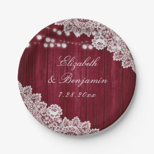 Burgundy Rustic Wood Lace String Lights Wedding Paper Plate