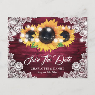 Burgundy Rustic Wood Lace Sunflower Save The Date Announcement Postcard