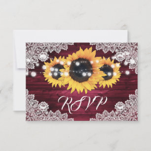 Burgundy Rustic Wood Lace Sunflower Wedding RSVP Card