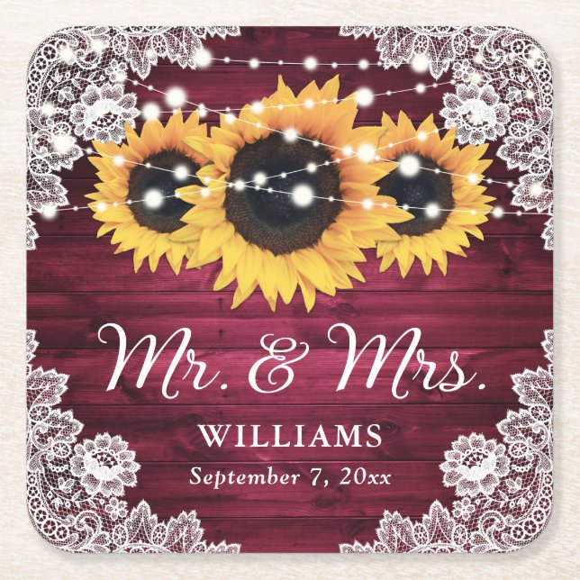 Burgundy Rustic Wood Lace Sunflower Wedding Square Paper Coaster (Front)