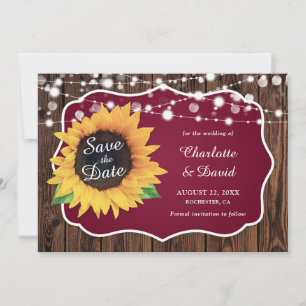 Burgundy Rustic Wood Lights Sunflower Wedding Save The Date