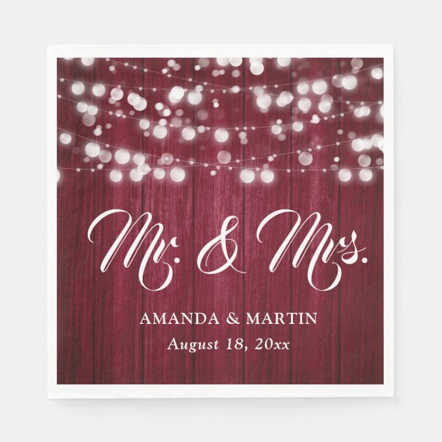 Burgundy Rustic Wood String Lights Mr and Mrs Napkin (Front)