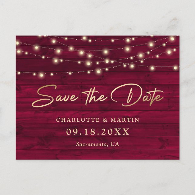 Burgundy Rustic Wood String Lights Save The Date Announcement Postcard (Front)