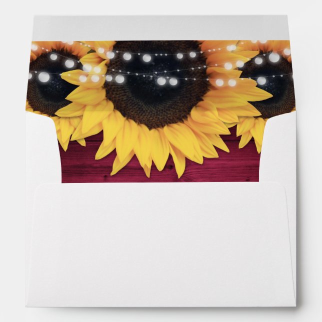 Burgundy Rustic Wood String Lights Sunflowers Envelope (Back (Bottom))