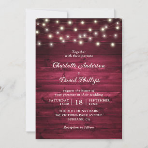 Burgundy Rustic Wood String Lights Wedding Invitation