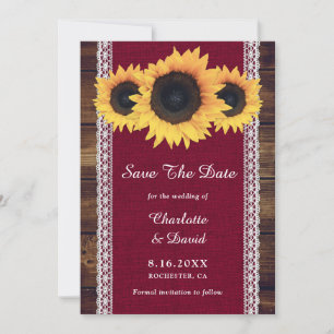 Burgundy Rustic Wood Sunflower Wedding Save The Date