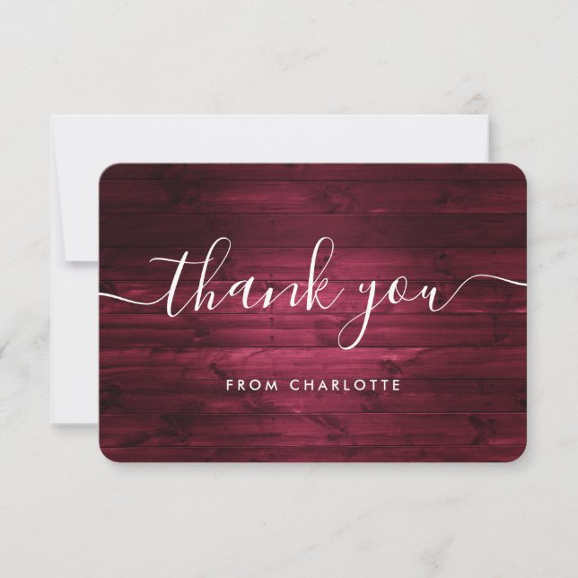 Burgundy Rustic Wood Wedding Shower Birthday Thank You Card (Front)