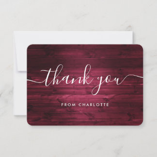 Burgundy Rustic Wood Wedding Shower Birthday Thank You Card