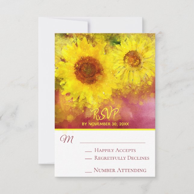 *~* Burgundy Rustic Yellow Sunflower  Wedding RSVP (Front)