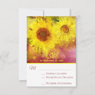 *~* Burgundy Rustic Yellow Sunflower  Wedding RSVP Card