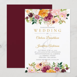 Burgundy, Saffron, Pink Watercolor Blooms Wedding Invitation