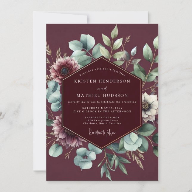 Burgundy Sage Anemone Wedding Invitation (Front)