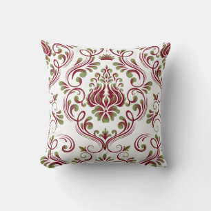 Burgundy Sage Green Damask Floral Pattern Elegant Throw Pillow