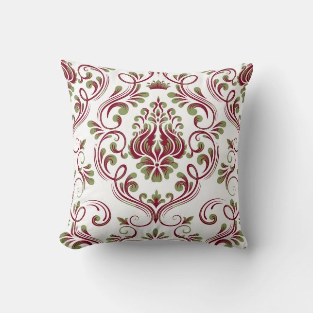 Burgundy Sage Green Damask Floral Pattern Elegant  Throw Pillow (Front)
