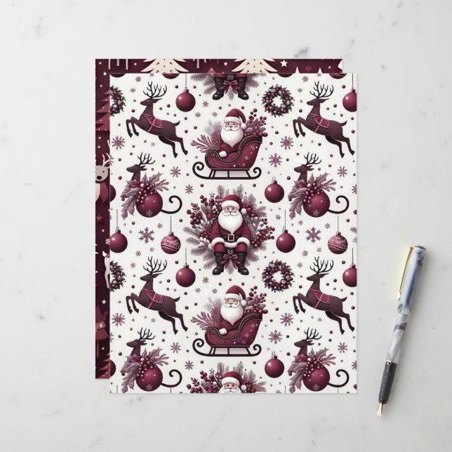 Burgundy Santa Claus Scrapbook Paper (Front/Back In Situ)