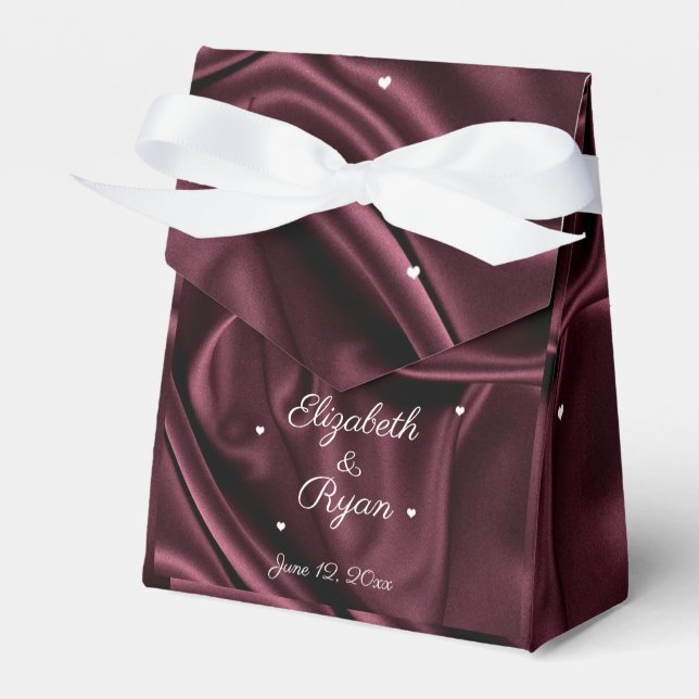 Burgundy Satin White Hearts Personalized Favor Box (Front Side)