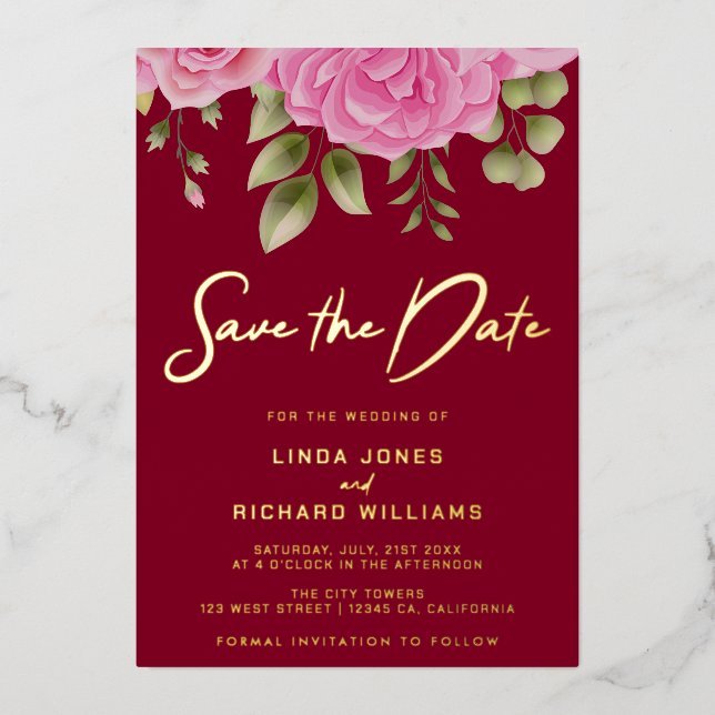 Burgundy Save The Date Foil Invitation (Front)