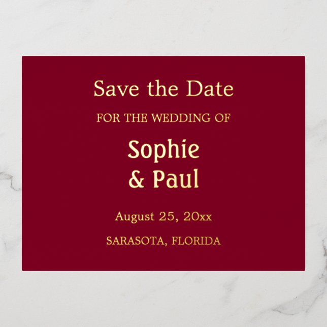 Burgundy Save the Date Foil Invitation Postcard (Front)