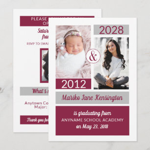 Burgundy School Colours Then and Now Graduation Invitation