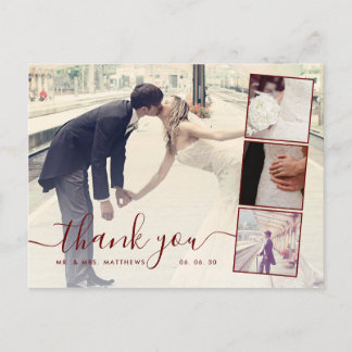 Burgundy Script 4 Photo Collage Wedding Thank You Postcard