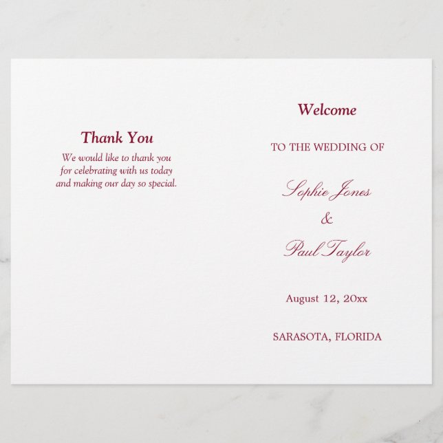 Burgundy Script Bi-Fold Wedding Program (Front)