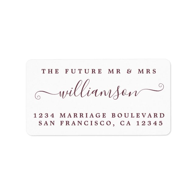 Burgundy Script Future Mr Mrs Return Address Label (Front)