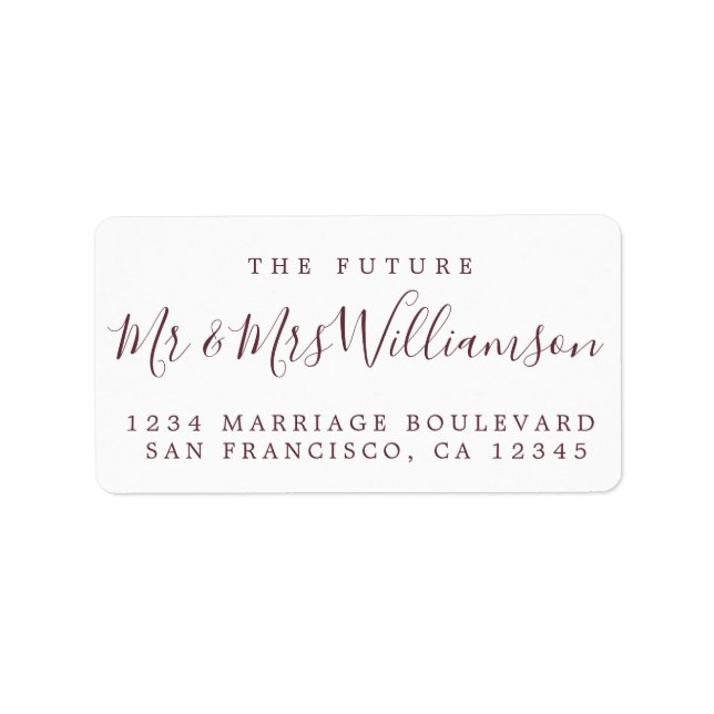 Burgundy Script Future Mr Mrs Return Address Label (Front)