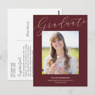 Burgundy Script Graduate 1-Photo Graduation Postcard