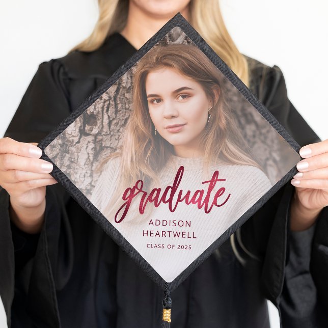 Burgundy Script Graduate Photo Class of 2025 Graduation Cap Topper (Creator Uploaded)