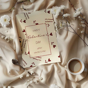 Burgundy Script Hearts on Cream– Valentine Pattern Holiday Card