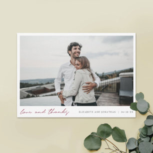 Burgundy Script Photo Love and Thanks Wedding Thank You Card