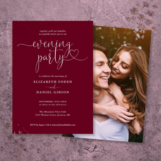 Burgundy Script Photo Wedding Evening Party Invitation (Burgundy Script Photo Wedding Evening Party Invitation)