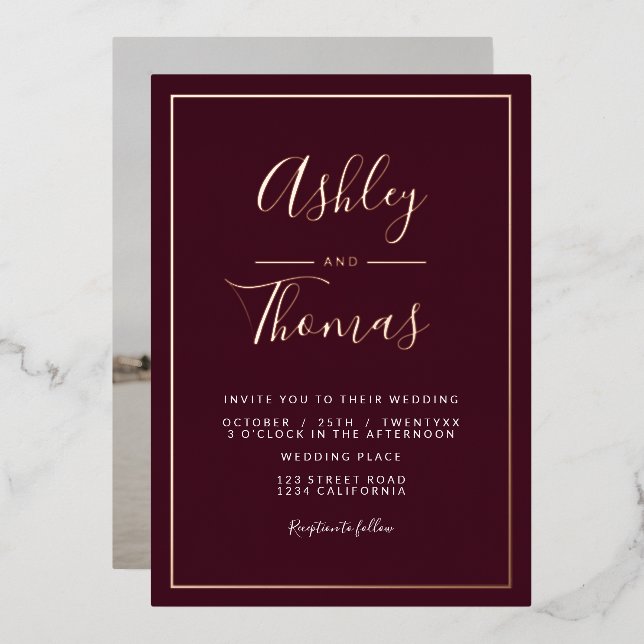 Burgundy script photo wedding geometric frame (Front/Back)