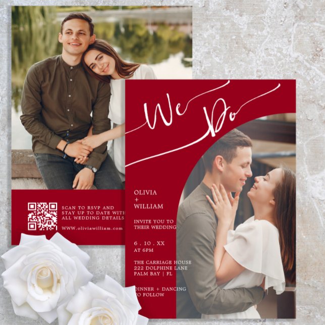Burgundy Script QR Photo Wedding Invitation (Creator Uploaded)