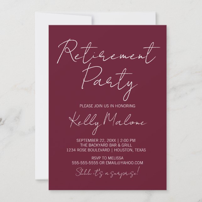 Burgundy Script Retirement Party Invitation (Front)